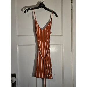 Forever 21 Rust Orange White Striped V-Neck Mini Dress Medium Tie Waist Summer